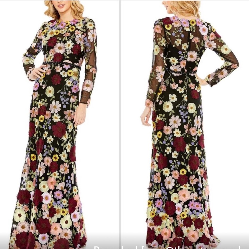 Mac Duggal Black Long Sleeve Floral Embroidered Gown